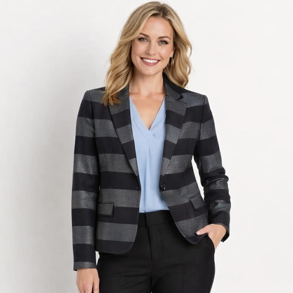 Tommy Hilfiger Navy Blue Striped Metallic Threads Blazer Jacket